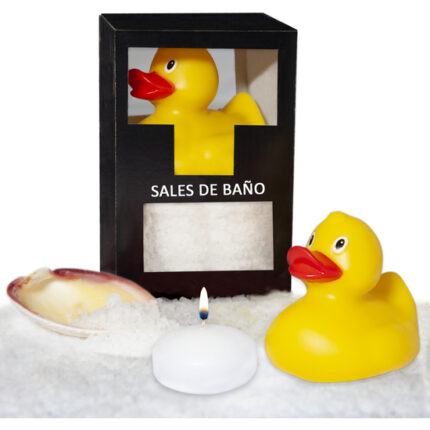 Set de sales de baño coco 150 gr. Con pato bañera, vela aromatica y concha
