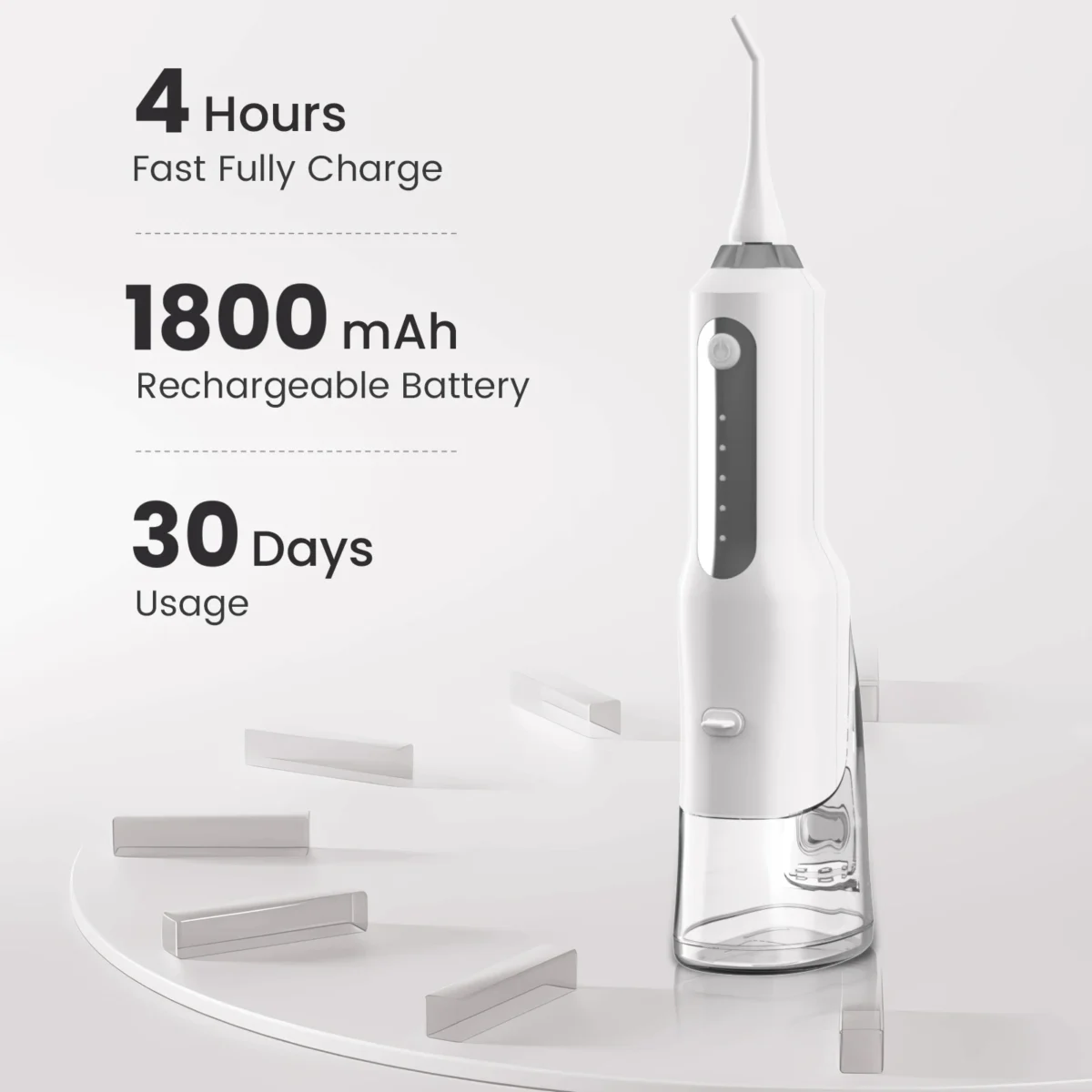 Irrigador dental eléctrico recargable con batería de 1800 mAh, carga completa en 4 horas y hasta 30 días de uso continuo.